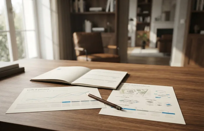 Un calendrier ouvert entre une feuille de prévision et un relevé de chantiers achevés, avec un crayon posé en travers.