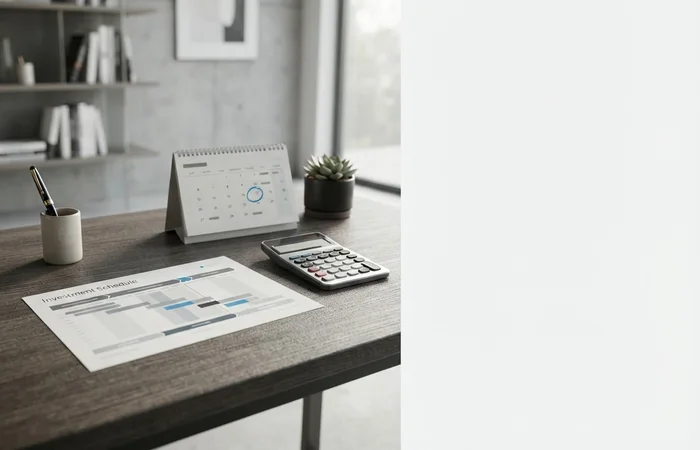 Un échéancier imprimé, un calendrier de bureau ouvert à une date entourée et une calculatrice sur un bureau.