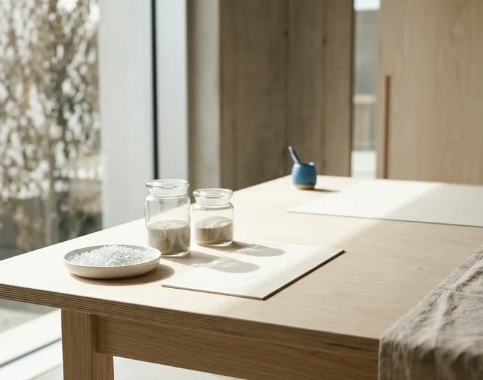 Un bac de granulés de verre, deux échantillons de bocaux de formats différents et une fiche de prix nette sur un établi clair.